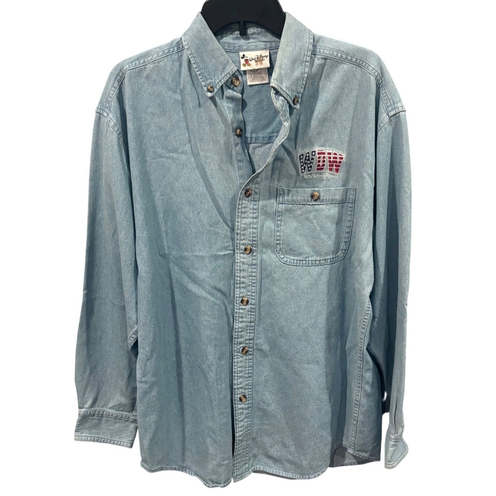 Vintage 90s Walt Disney World Patriotic WDW USA Flag Denim Button Down Shirt M